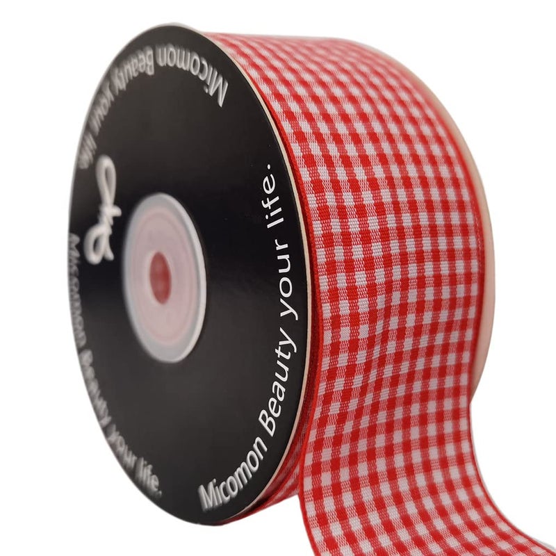 Micomon 1.5 Inch Red and White Woven Edge 100% Polyester Gingham Ribbon 25 Yards Each Roll (1-1/2"", Red) - Image 1